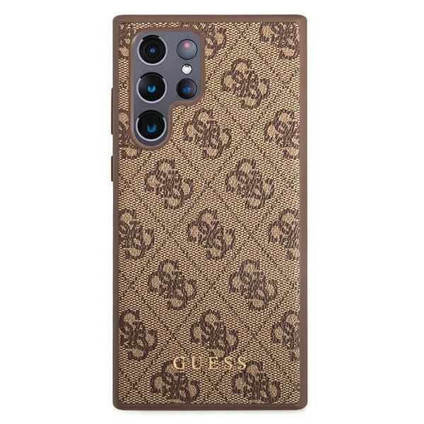 Cover GUESS Custodia rigida per Samsung Galaxy S22 Ultra 4G in metallo dorato con logo marrone