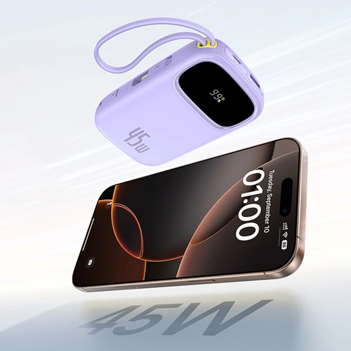 Powerbank Baseus EnerFill FC31 20000mAh 45W z wyświetlaczem z kablami USB-C i Lightning - fioletowy