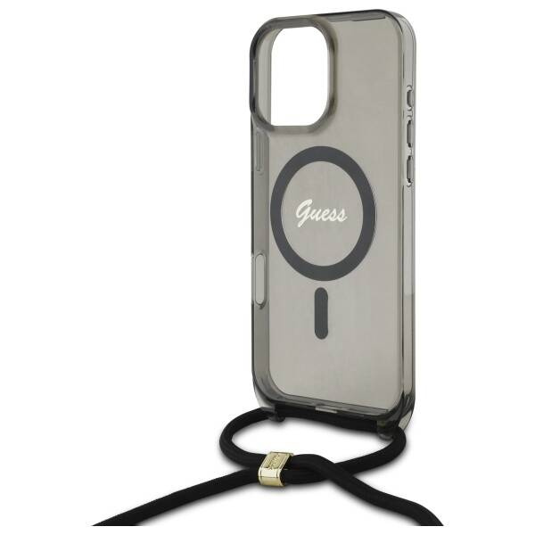 Etui Guess iPhone 16 Pro czarny/black hardcase Crossbody Cord Script MagSafe