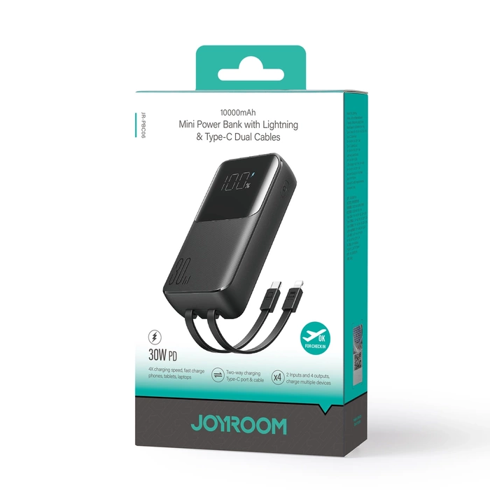 Joyroom powerbank 30W 10000mAh con cables Lightning y USB-C integrados negro (JR-PBC06)