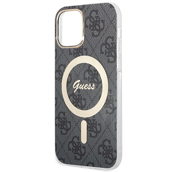 Kit Funda Guess Case+ Cargador iPhone 12/12 Pro negro/negro duro case 4G Print MagSafe