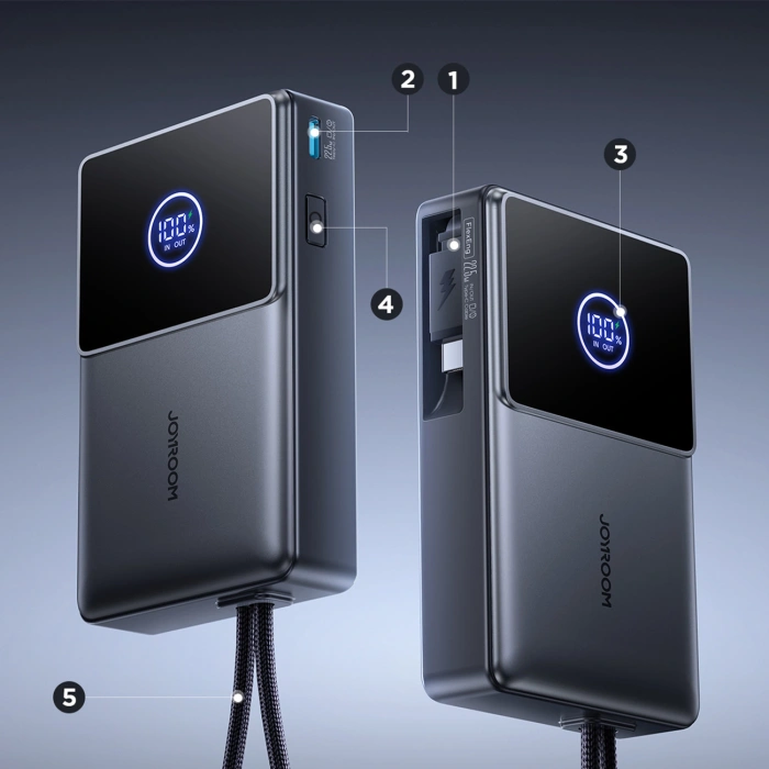 Powerbank Joyroom JR-PR1 10000mAh 22,5W z wbudowanym zwijanym kablem USB-C - czarny