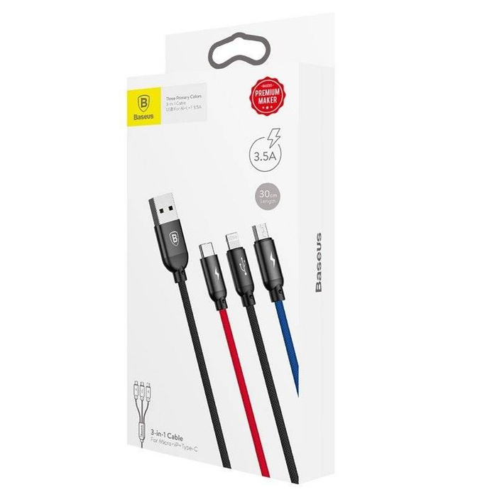 Kábel USB BASEUS 3v1 USB-C Lightning Micro 3,5A 0,3 m čierny