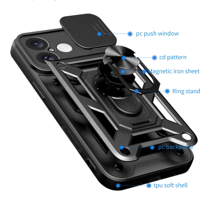 Hybrid Armor Camshield iPhone 16 Plus Armored Case with Camera Cover and Stand - Black