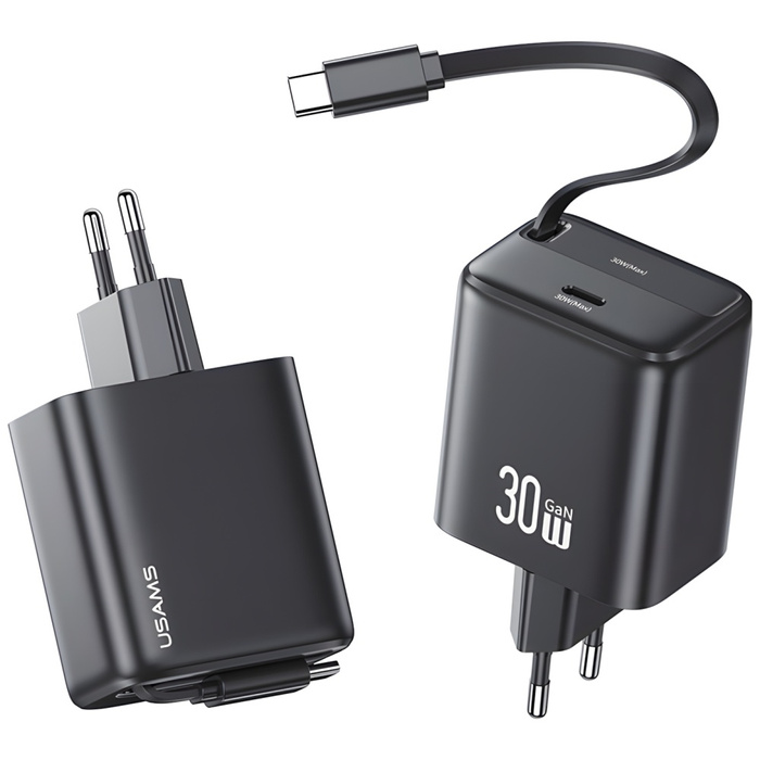 USAMS Ład. siec. 1xUSB-C ze zwijanym kablem USB-C Retractable PD+QC 30W Gan Fast Charging czarny/black YC Series CC241TC01 (US-CC241)