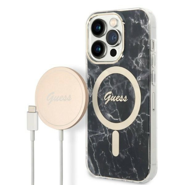 Sada Pouzdro Guess Case+ nabíječka iPhone 14 Pro Max 6,7" černá/černá tvrdá case Marble MagSafe