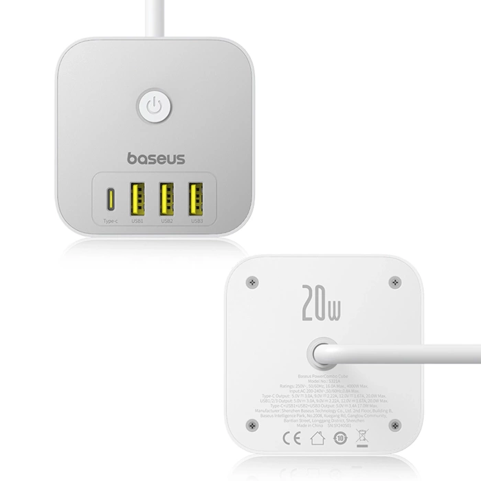 Baseus PowerCombo 7 in 1 Power Strip Cube, 3 AC + 3 x USB-A + 1 x USB-C 20W 1.5 m - white