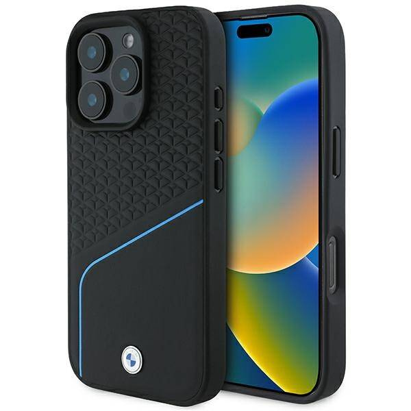 Coque BMW iPhone 16 Pro 6.3" black/black hardcase Sign Leather Textured And Line MagSafe