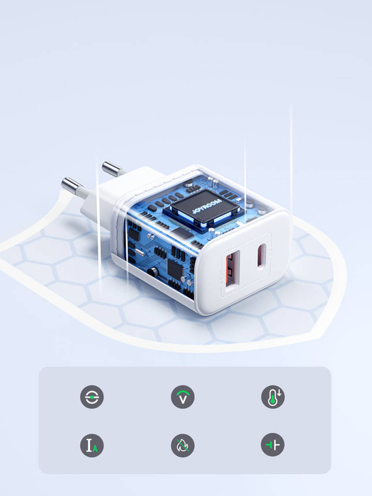 Joyroom JR-TCF05 20W USB-C / USB-A Caricabatterie da muro veloce a doppia porta - Bianco + USB-C - Lightning 1m