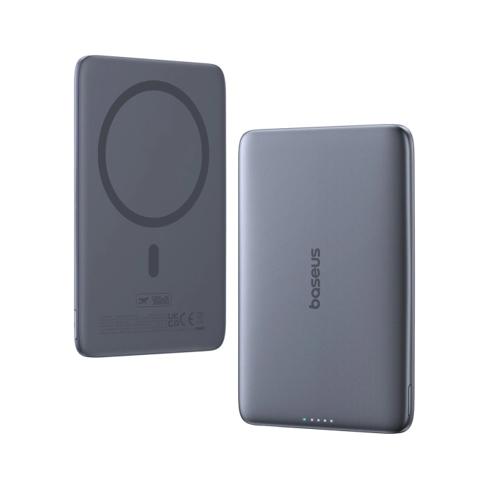 Powerbank Baseus PicoGo AM41 5000mAh 20W ultra-cienki, kompatybilny z MagSafe z czarnym kablem Baseus Simple USB-C 60W 30cm - szary