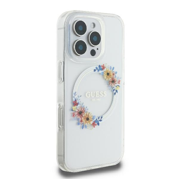 Etui Guess iPhone 16 Pro Max 6.9" przeźroczysty/transprent hardcase IML Flowers Wreath MagSafe