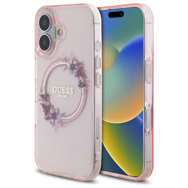 Etui Guess iPhone 16 6.1" różowy/pink hardcase IML Flowers Wreath MagSafe