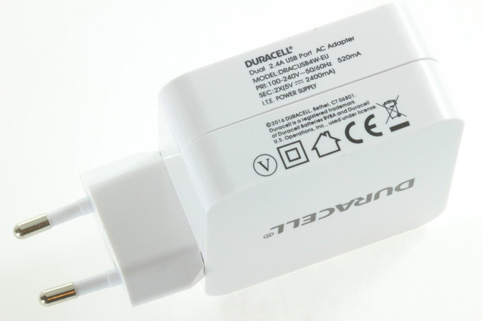 Adaptador de red Duracell 2X2.4A WHITE TWO USB