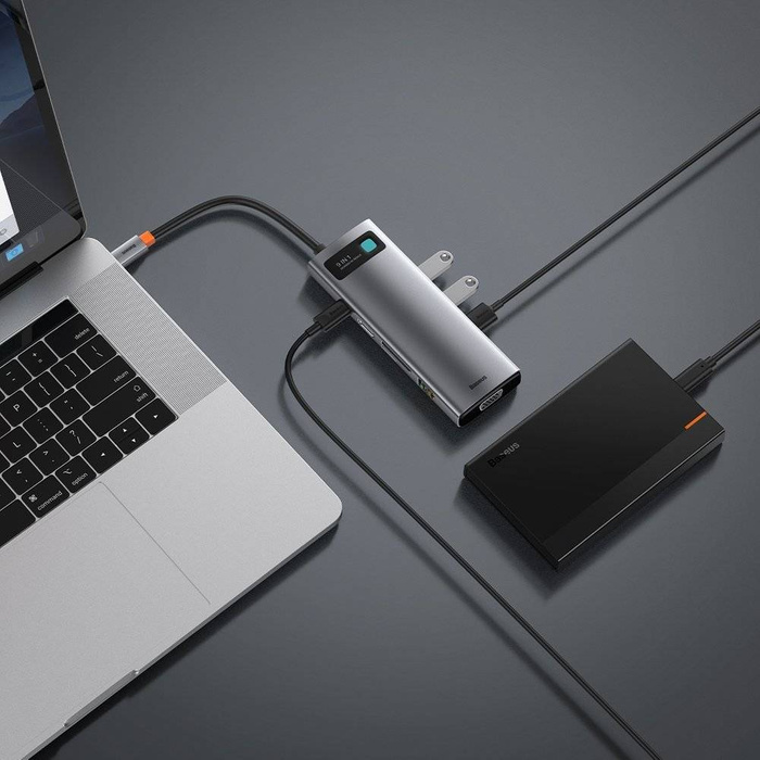 Baseus Metal Gleam 9v1 multifunkční HUB USB Type C - 3x USB 3.2 Gen 1 5Gbps / USB Type C PD 100W / VGA Full HD 60Hz / HDMI 4K 30Hz / Čtečka karet TF a SD / RJ45 1Gbps šedá (CAHUB-CU0G)
