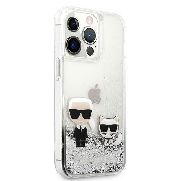 Coque KARL LAGERFELD Apple iPhone 13 Pro Max Liquid Glitter Karl&amp;Choupette Silver Hardcase