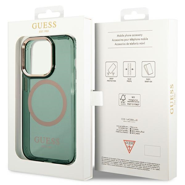 Guess GUHMP14LHTCMA iPhone 14 Pro 6,1" verde/khaki rigido case Gold Outline Translucent MagSafe