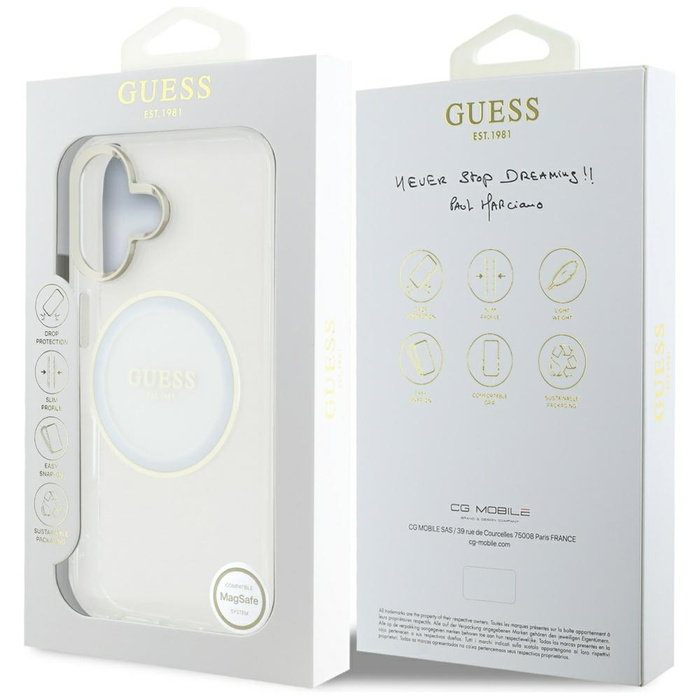 Etui Guess IML Metal Colored Circle      Classic Logo MagSafe do iPhone 16 biały