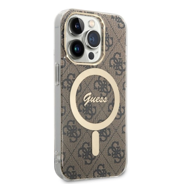 Kit Funda Guess Case+ Cargador iPhone 14 Pro Max 6.7" marrón/marrón duro case 4G Print MagSafe