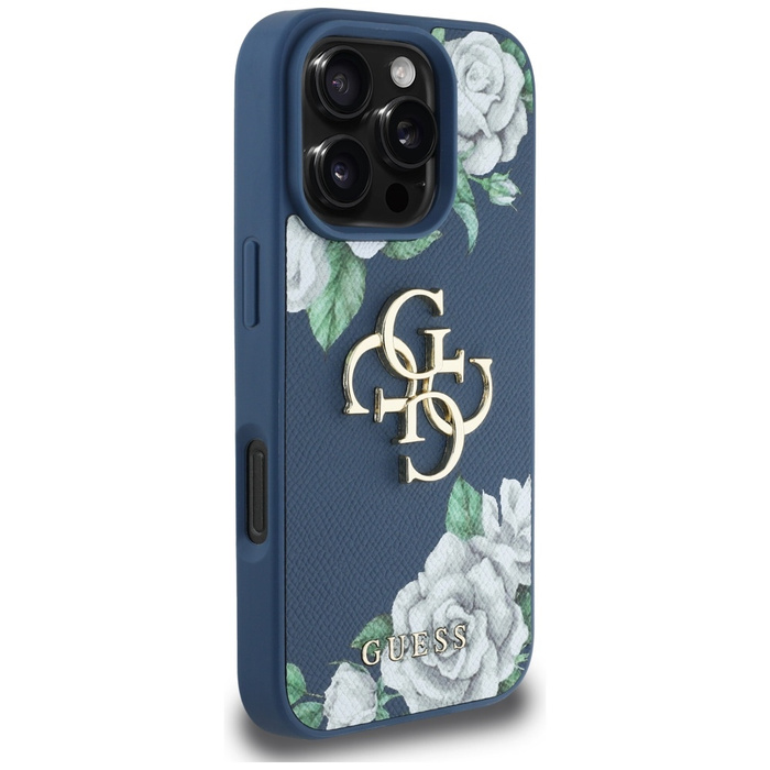Etui Guess Grained Roses Big 4G logo do  iPhone 16 Pro niebieski