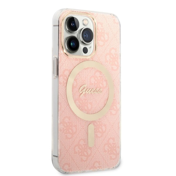 Kit Coque Guess Case+ Chargeur iPhone 13 Pro rose/rose dur case 4G Print MagSafe