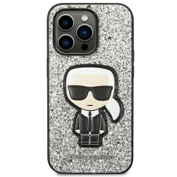 Hülle KARL LAGERFELD Apple iPhone 14 Pro Glitter Flocken Ikonik Silber Hartcase