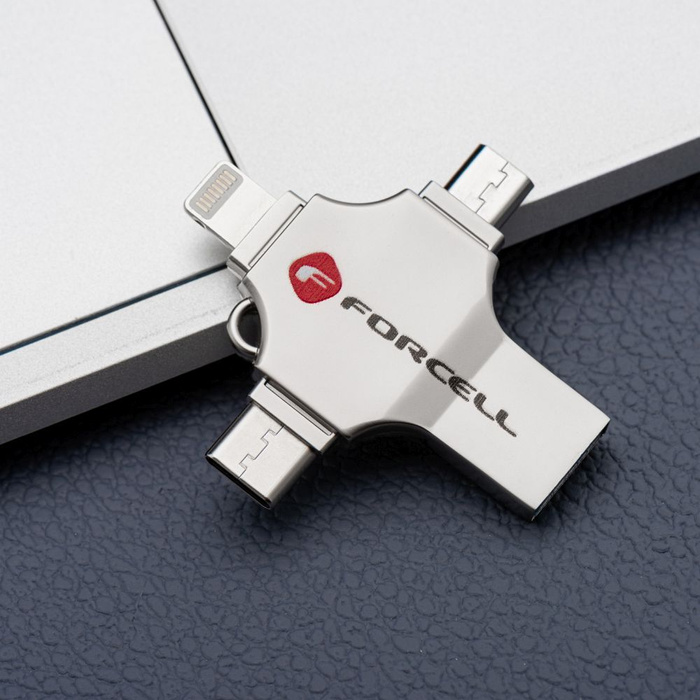 Pendrive 32GB USB 3.2 Gen 1 (USB A / USB C / Lightning / Micro USB) Forcell F-Data Metal Quad srebrny