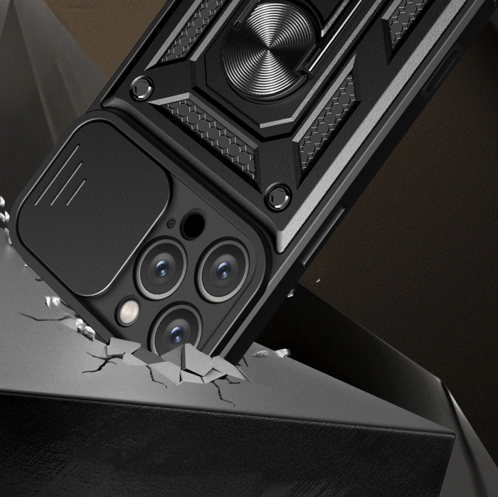 Hybrid Armor Camshield iPhone 16 Pro Max Armored Case with Camera Cover and Stand - Black