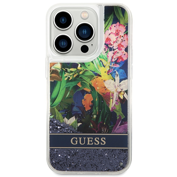 Case GUESS Apple iPhone 14 Pro Flower Liquid Glitter Blue Hardcase