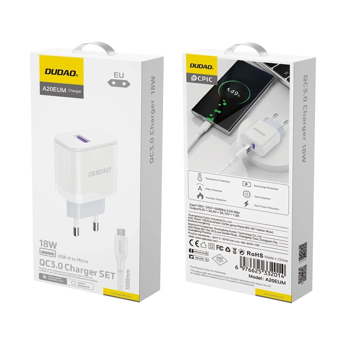 Caricatore da muro Dudao A20EU USB-A 18W - bianco + cavo USB-A - micro USB