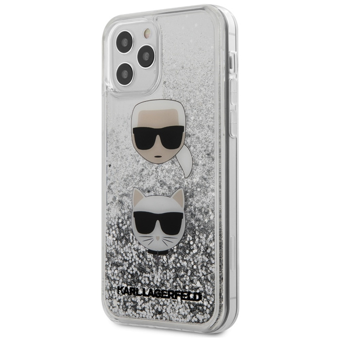 Puzdro KARL LAGERFELD Apple iPhone 12 12 Pro Liquid Glitter Karl&amp;Choupette Silver Hardcase