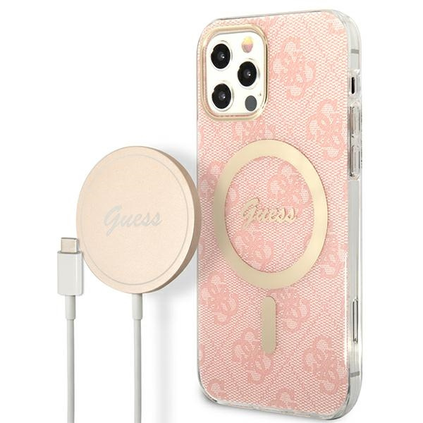Sada Pouzdro Guess Case+ nabíječka iPhone 12/12 Pro pink/pink hard case 4G Print MagSafe