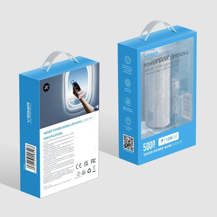 Powerbank Veger PlugOn (W0573) PD QC3.0 2,4A 12W 5000 mAh z wbudowanym złączem Typ C srebrny