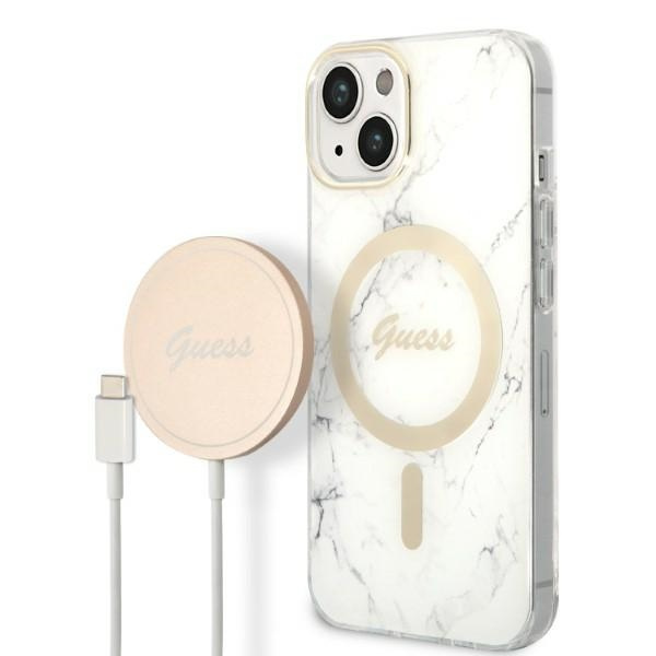 Kit Funda Guess Case+ Cargador iPhone 14 Plus 6,7" blanco/blanco duro case Mármol MagSafe