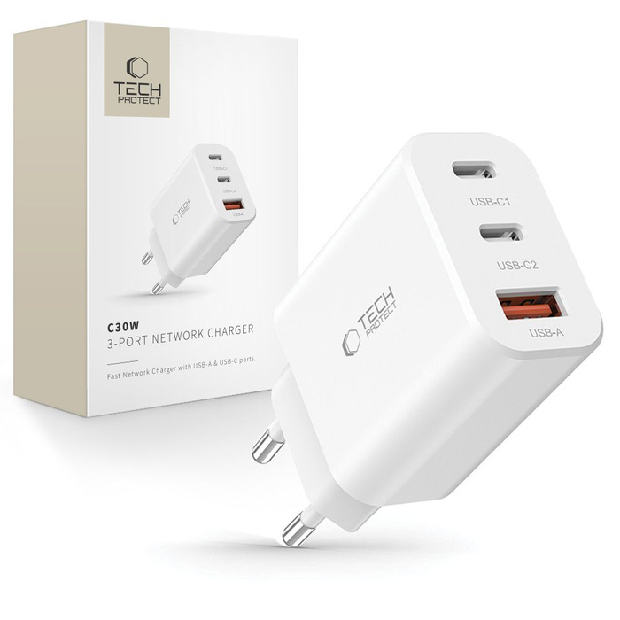 TECH-PROTECT C30W 3-PORT NETWORK CHARGER PD30W/QC3.0 WHITE