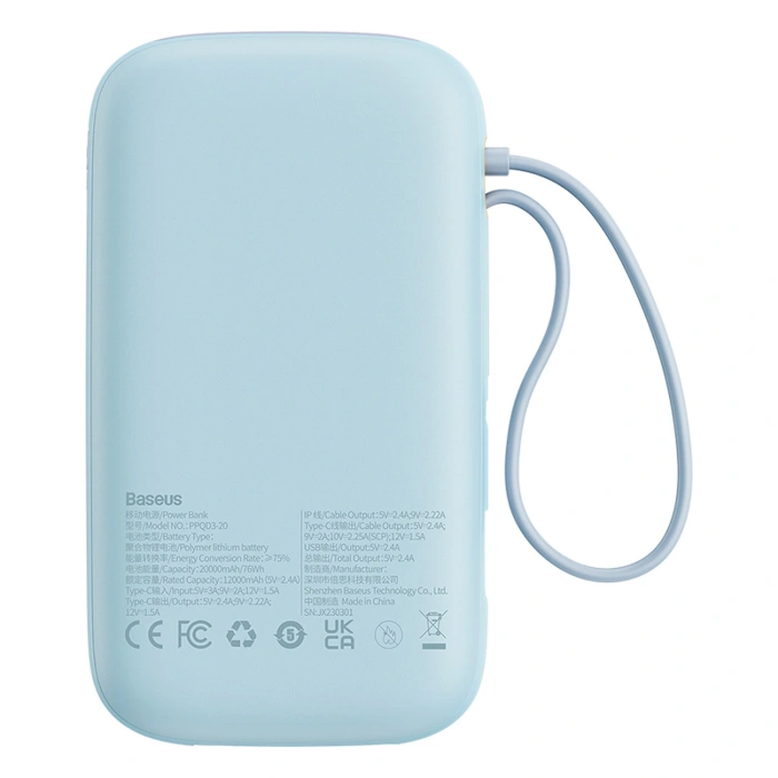 Powerbank Baseus Qpow2 20000mAh 22,5W z podwójnym kablem z wyświetlaczem cyfrowym + kabel Baseus Simple USB-C 3A 0,3m (biały) - niebieski