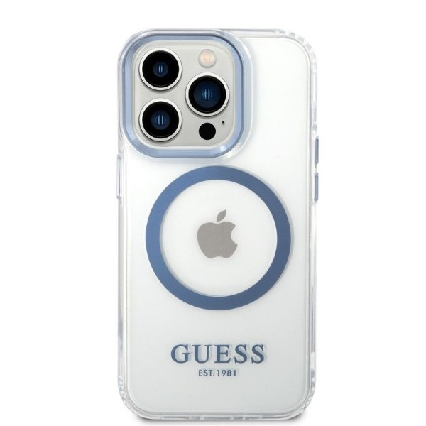 Puzdro Guess iPhone 14 Pro 6,1" modrá/modrá tvrdá case Kovový obrys MagSafe