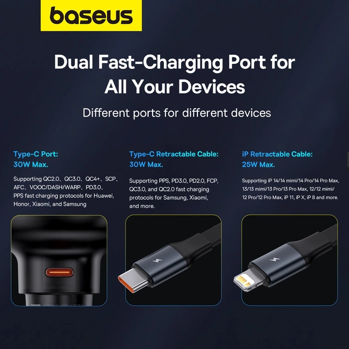 Car Charger Baseus Enjoyment USB-C with USB-C cable and Lightning  60W (black)