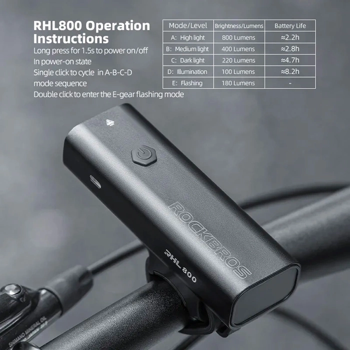 Rockbros 24710012001 přední světlo na kolo 800 lm + USB-C - USB-A kabel - černý