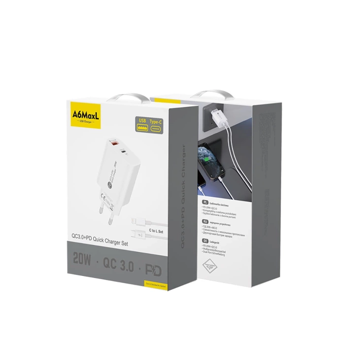 A6MaxL 20W USB-A USB-C Wall Charger with 1m USB-C - Lightning Cable - White