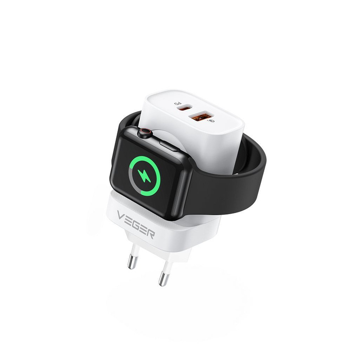VEGER ładowarka sieciowa USB A + Typ C + ładowarka indukcujna kompatybilna z Apple Watch PD QC3.0 3A 25W W002E biała