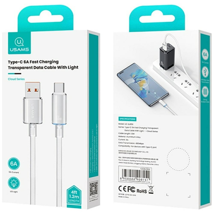 Kabel USAMS Cloud Series US-SJ658 6A     USB-A do USB-C 1,2m biały