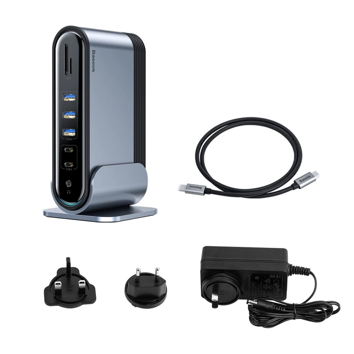 [APRÈS RETOUR] HUB multifonction Baseus 3x USB 3.2 Gen 1 / 2x USB Type C / Lecteur de carte SD et micro SD / AUX / 2x DisplayPort / 2x HDMI / RJ45 1Gbps Power Delivery 100W (EU / CN / UK plug set) gris (CAHUB-DG0G)