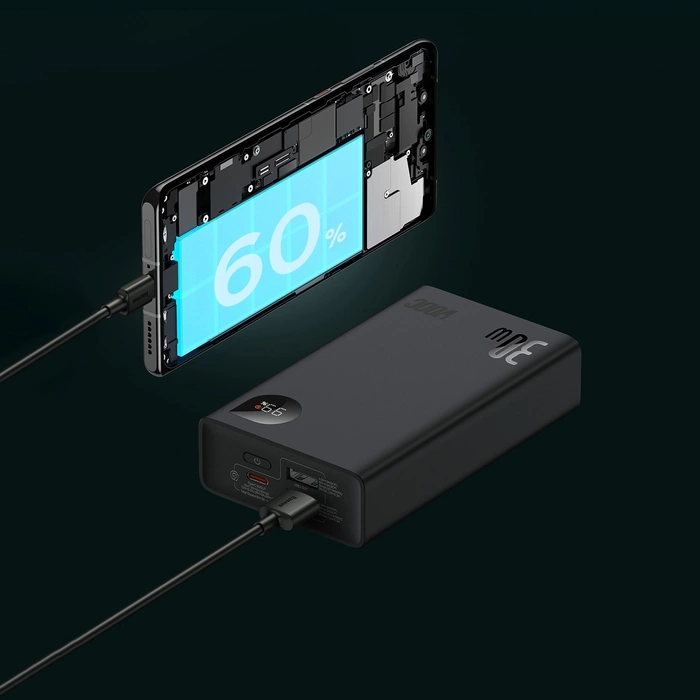 Baseus Adaman2 Powerbank mit bildschirmem digital 20000mAh 30W 2 x USB / 1x USB Typ C Power Delivery Quick Charge SCP, Oppo Super VOOC schwarz (PPAD050101)