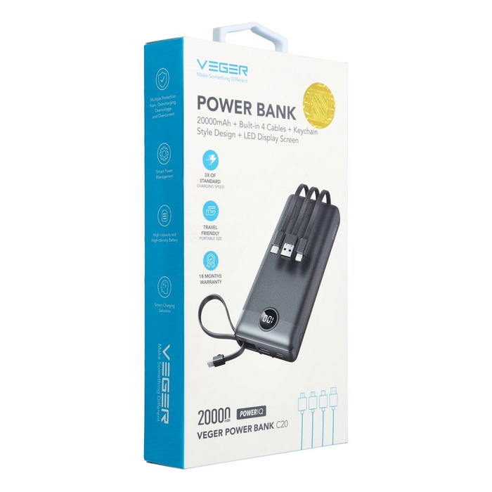 Powerbank Veger C20 (W2047 / W2059) 20000 mAh z wbudowanymi kablami Micro USB / Typ C / Lightning czarny