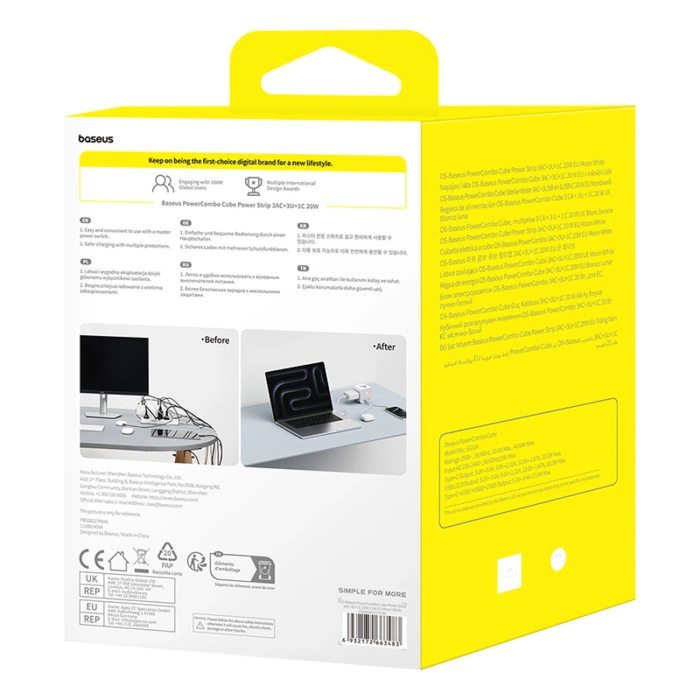 Baseus PowerCombo 7 in 1 Steckdosenleiste Würfel, 3 AC + 3 x USB-A + 1 x USB-C 20W 1,5 m - weiß