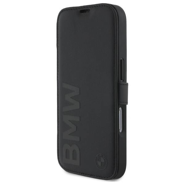 Hülle BMW iPhone 16 Pro Max schwarz/schwarz bookcase Signature Leder Wortmarke
