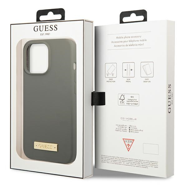 Hülle GUESS Apple iPhone 13 Pro Max Silikon Logo Platte MagSafe Grau Hartcase