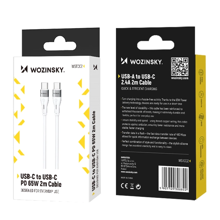 Wozinsky WSTCC2 USB-C / USB-C PD 65W kabel 2 m - bílý