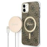 Súprava Puzdro Guess Case+ Nabíjačka iPhone 11 6,1" hnedá/hnedá tvrdá case 4G Print MagSafe