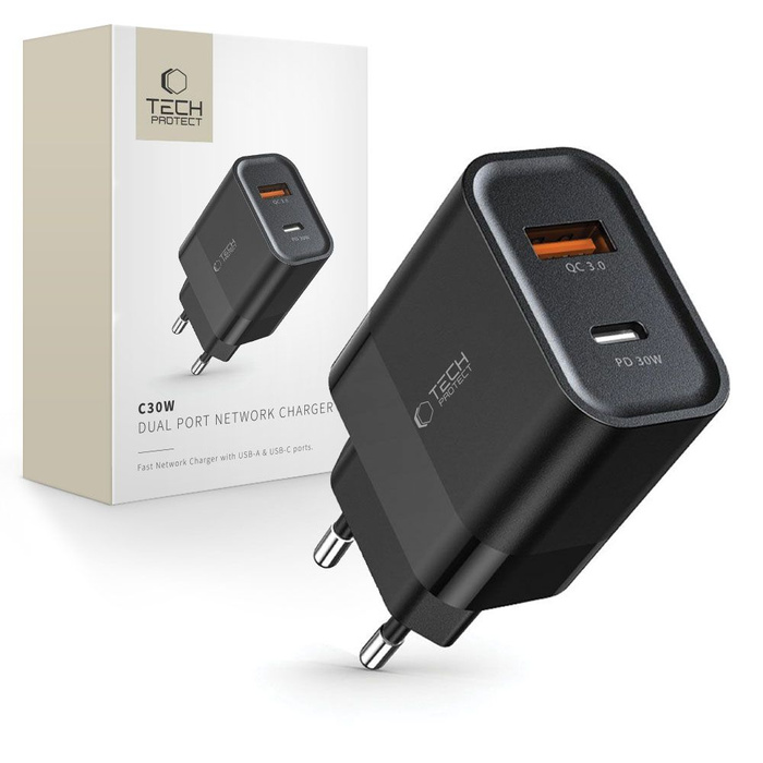 TECH-PROTECT C30W 2-PORT NETZWERK-LADEGERÄT PD30W/QC3.0 SCHWARZ